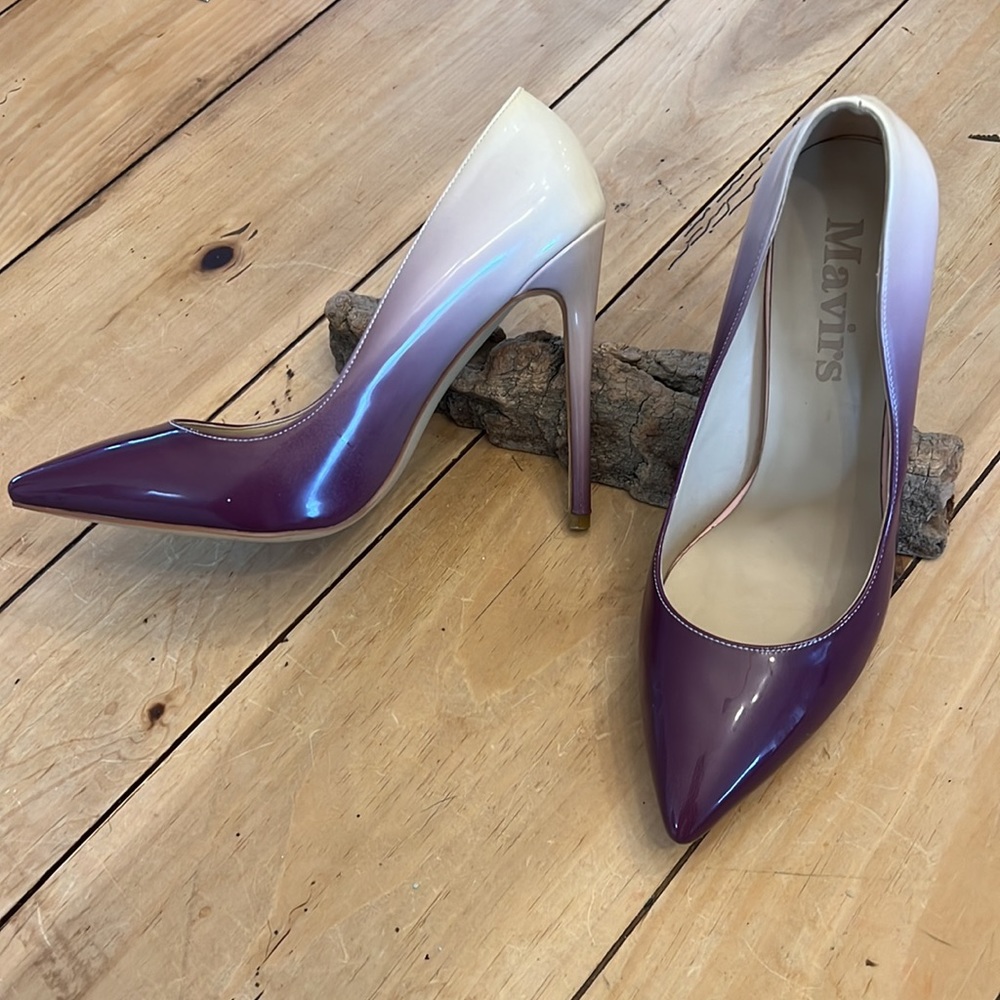Mavirs Patent Leather Pump Dress Shoe Stiletto Heels, Purple Gradation to Cream